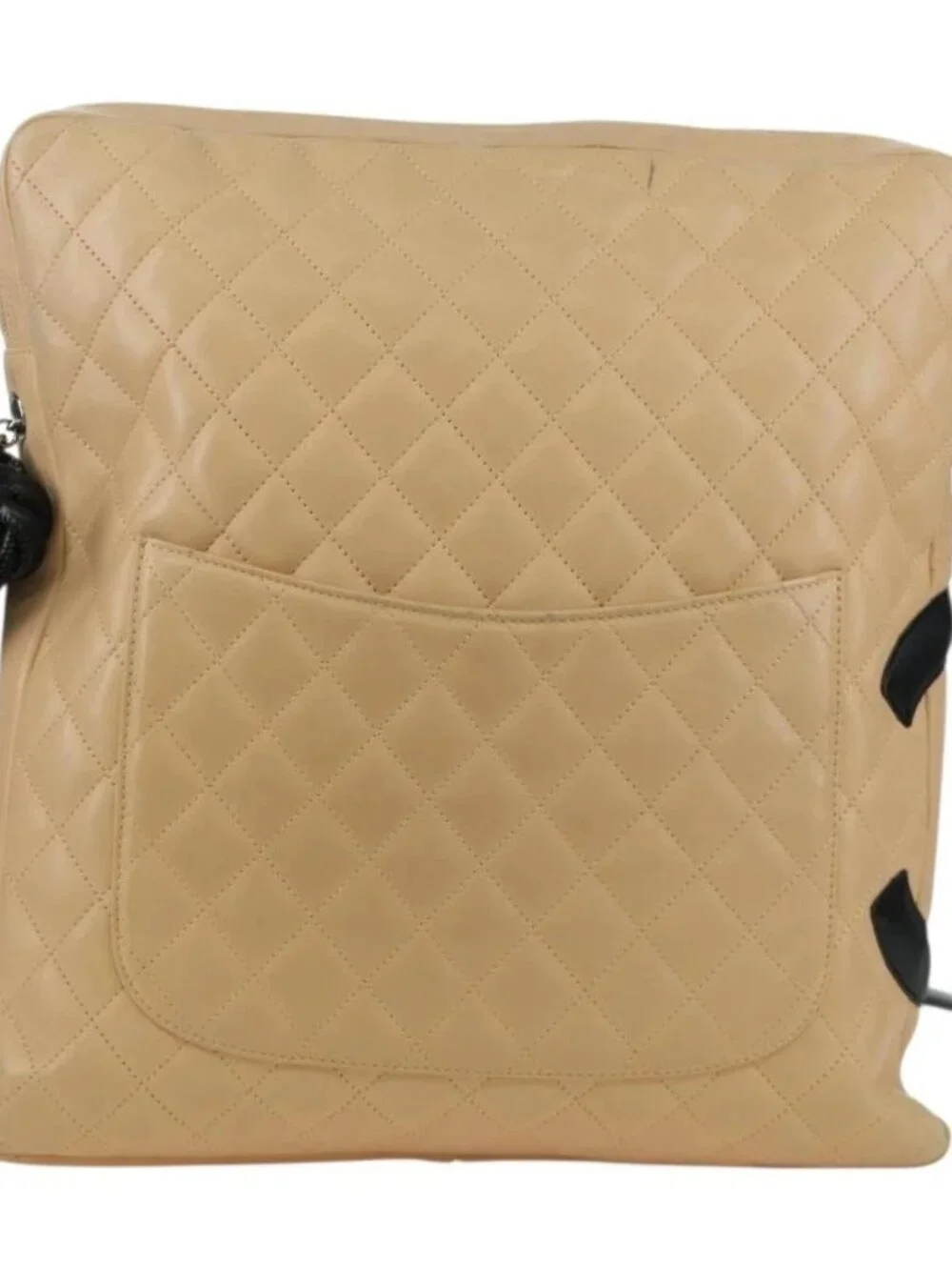 CHANEL Cambon Line Matelasse Shoulder Bag Lamb Skin Beige Black CC Auth am10849V